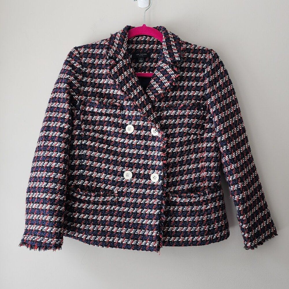 Ann Taylor Lined Tweed Jacket Size 6P Blazer Double Button Red White Blue Black